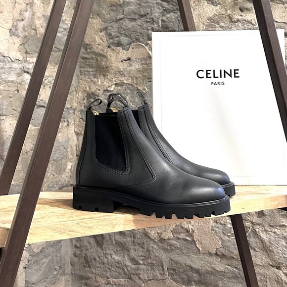 Celine Shoes - Celine Black Leather Margaret Lug Chelsea Boots
